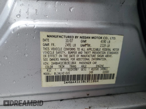 2008 Nissan Maxima 3.5 SE with VIN 1N4BA41E38C811864, listed as a Copart auction lot 47706455 with 92,834 mi miles and Salvage Title. Bid and sale history available at carsss.com. Image 12.