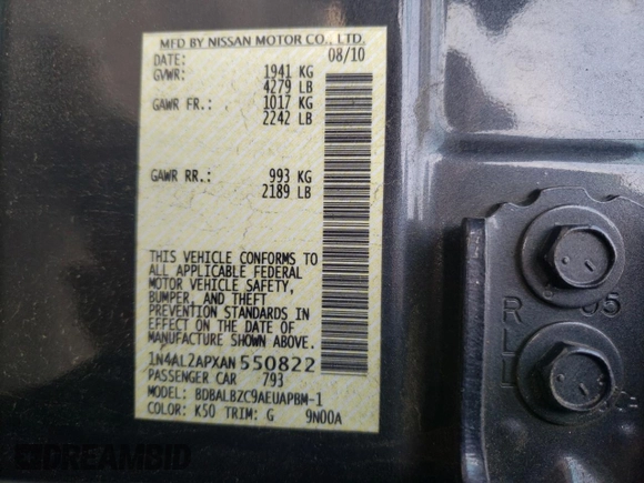 2010 Nissan Altima 2.5 SL with VIN 1N4AL2APXAN550822, listed as a Copart auction lot 53244505 with 157,634 mi miles and Clean Title. Bid and sale history available at carsss.com. Image 12.
