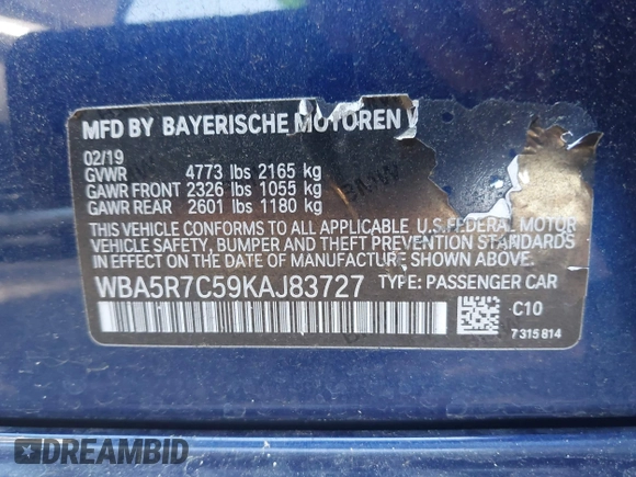 2019 BMW 3 Series 330i xDrive with VIN WBA5R7C59KAJ83727, listed as a IAAI auction lot 42244312 with 69,680 mi miles and . Bid and sale history available at DreamBid. Image 9.