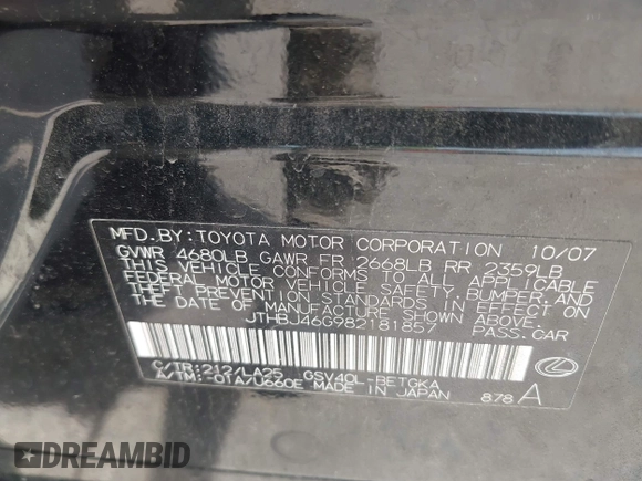 2008 Lexus ES 330 with VIN JTHBJ46G982181857, listed as a IAAI auction lot 42127939 with 250,919 mi miles and . Bid and sale history available at carsss.com. Image 9.