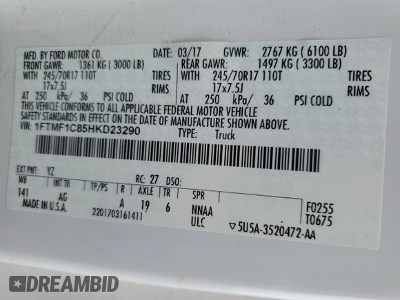 2017 Ford F-150 XL with VIN 1FTMF1C85HKD23290, listed as a Copart auction lot 53233075 with Not Provided miles and Salvage Title. Bid and sale history available at carsss.com. Image 12.