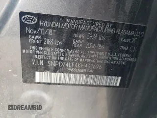 2019 Hyundai Elantra SE with VIN 5NPD74LF4KH432696, listed as a Copart auction lot 45375325 with 124,270 mi miles and Salvage Title. Bid and sale history available at DreamBid. Image 12.
