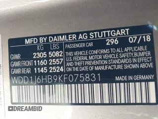 2019 Mercedes-Benz E with VIN WDD1J6HB9KF075831, listed as a IAAI auction lot 41284835 with Not Provided miles. Bid and sale history available at carsss.com. Image 9.