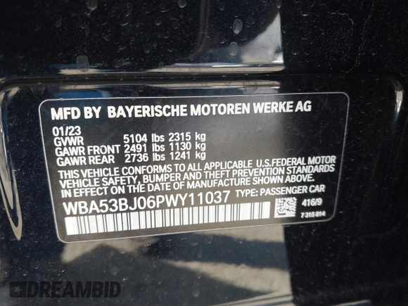 2023 BMW 5 Series 540i with VIN WBA53BJ06PWY11037, listed as a IAAI auction lot 41612304 with 37,274 mi miles and . Bid and sale history available at DreamBid. Image 9.