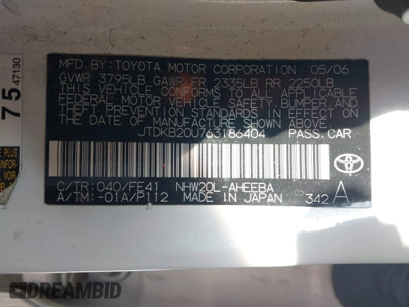 2006 Toyota Prius with VIN JTDKB20U763186404, listed as a IAAI auction lot 41829815 with Not Provided miles. Bid and sale history available at carsss.com. Image 9.