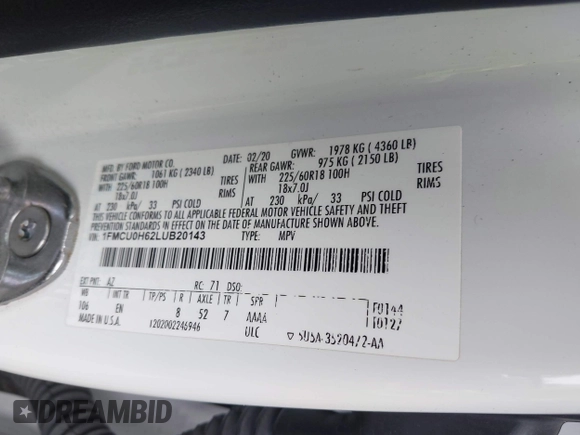 2020 Ford Escape SEL with VIN 1FMCU0H62LUB20143, listed as a IAAI auction lot 42058158 with 159,233 mi miles and . Bid and sale history available at DreamBid. Image 9.