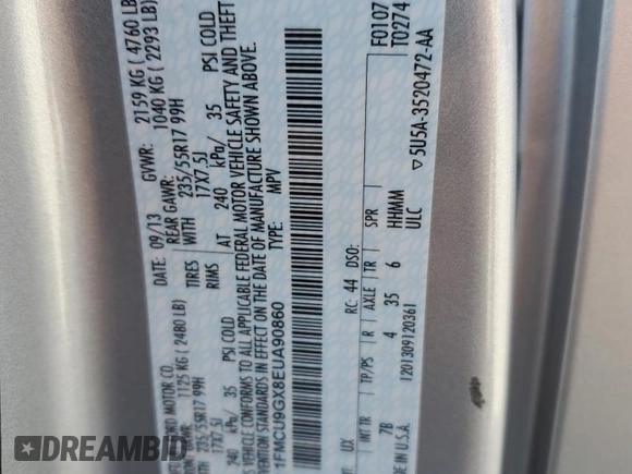 2014 Ford Escape SE with VIN 1FMCU9GX8EUA90860, listed as a Copart auction lot 54197415 with 89,098 mi miles and Salvage Title. Bid and sale history available at DreamBid. Image 13.