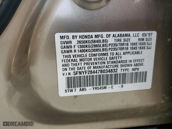 2007 Honda Pilot EX with VIN 5FNYF28447B034832, listed as a Copart auction lot 51956045 with 0 mi miles and Salvage Title. Bid and sale history available at carsss.com. Image 13.