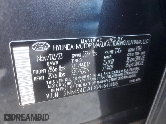 2023 Hyundai Santa Fe Limited with VIN 5NMS4DALXPH641406, listed as a Copart auction lot 48436055 with 43,382 mi miles and Salvage Title. Bid and sale history available at carsss.com. Image 14.