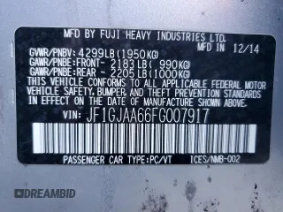 2015 Subaru Impreza z VIN JF1GJAA66FG007917, wystawiony jako Copart lot #46533635 z przebiegiem Nie podano mil oraz Szkoda całkowita • Salvage title. Historia ofert i sprzedaży dostępna na DreamBid. Obrazek 13.