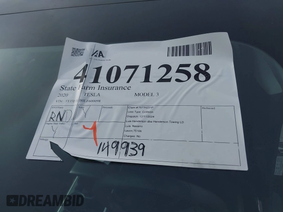 2020 Tesla Model 3 Long Range z VIN 5YJ3E1EB0LF600098, wystawiony jako IAAI lot #41071258 z przebiegiem 149 939 mil mil oraz . Historia ofert i sprzedaży dostępna na DreamBid. Obrazek 20.