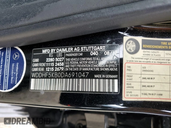 2013 Mercedes-Benz E 350 Luxury with VIN WDDHF5KB0DA691047, listed as a Copart auction lot 76417054 with 89,157 mi miles and Salvage Title. Bid and sale history available at DreamBid. Image 12.