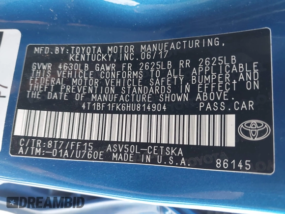 2017 Toyota Camry XLE with VIN 4T1BF1FK6HU814904, listed as a IAAI auction lot 41514002 with 266,164 mi miles and . Bid and sale history available at DreamBid. Image 9.