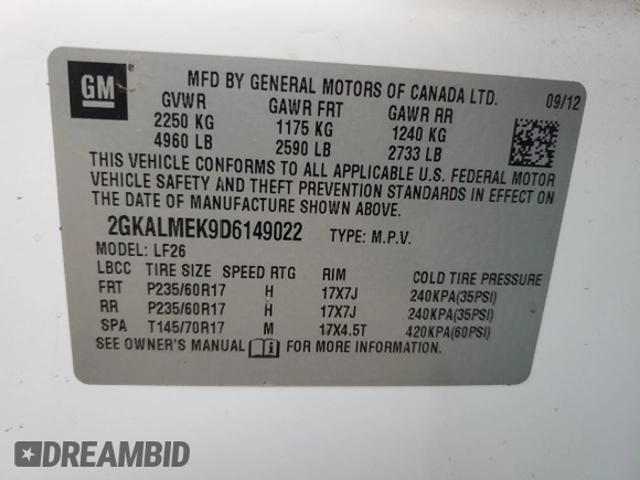2013 GMC Terrain SLE with VIN 2GKALMEK9D6149022, listed as a Copart auction lot 51502105 with 183,147 mi miles and Salvage title. Bid and sale history available at DreamBid. Image 13.