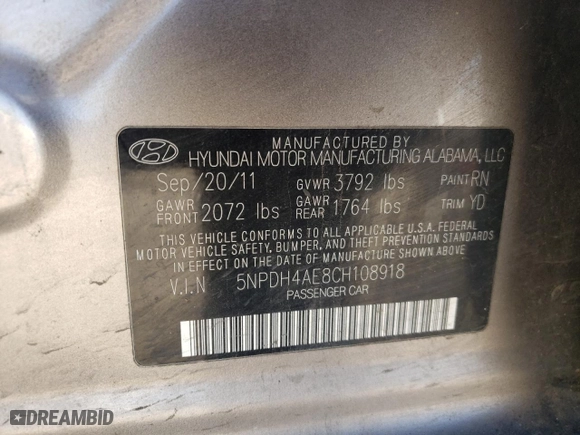 2012 Hyundai Elantra Limited with VIN 5NPDH4AE8CH108918, listed as a Copart auction lot 48794735 with 0 mi miles and Salvage Title. Bid and sale history available at carsss.com. Image 12.