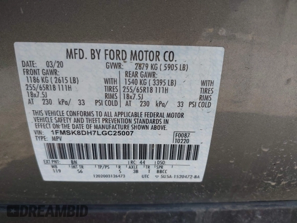 2020 Ford Explorer XLT with VIN 1FMSK8DH7LGC25007, listed as a IAAI auction lot 41772003 with 68,605 mi miles and . Bid and sale history available at carsss.com. Image 9.