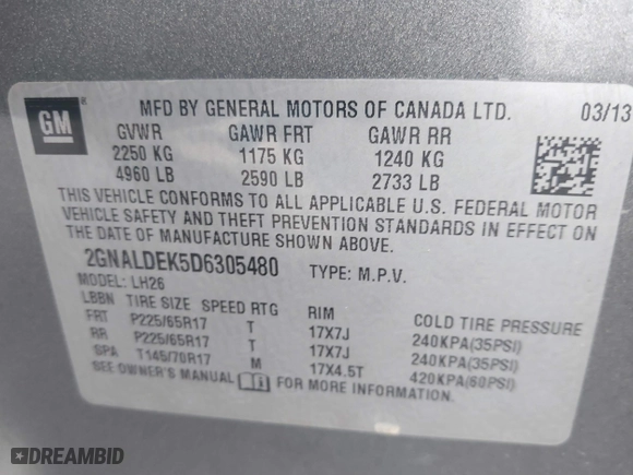 2013 Chevrolet Equinox LT with VIN 2GNALDEK5D6305480, listed as a IAAI auction lot 40920446 with 174,301 mi miles. Bid and sale history available at carsss.com. Image 9.