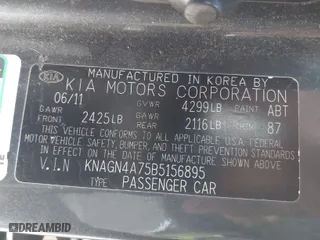2011 Kia Optima EX with VIN KNAGN4A75B5156895, listed as a IAAI auction lot 41729991 with 151,348 mi miles. Bid and sale history available at carsss.com. Image 9.