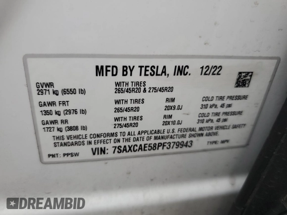2023 Tesla Model X with VIN 7SAXCAE58PF379943, listed as a Copart auction lot 86352354 with Not Provided miles and Salvage Title. Bid and sale history available at DreamBid. Image 15.