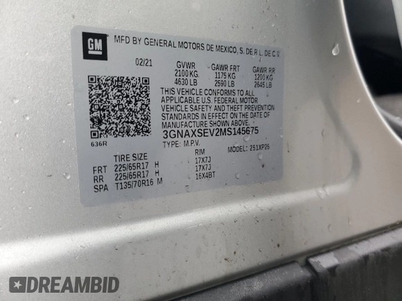 2021 Chevrolet Equinox LS z VIN 3GNAXSEV2MS145675, wystawiony jako Copart lot #52383935 z przebiegiem 55 419 mil mil oraz Szkoda całkowita • Salvage title. Historia ofert i sprzedaży dostępna na DreamBid. Obrazek 15.