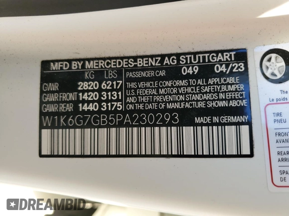 2023 Mercedes-Benz S-Class S 580 with VIN W1K6G7GB5PA230293, listed as a Copart auction lot 84591274 with 0 mi miles and Salvage Title. Bid and sale history available at carsss.com. Image 12.