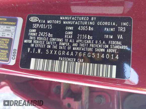 2015 Kia Optima SX with VIN 5XXGR4A76FG514014, listed as a IAAI auction lot 41980954 with 114,400 mi miles and . Bid and sale history available at carsss.com. Image 9.