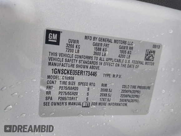 2014 Chevrolet Suburban LTZ with VIN 1GNSCKE05ER173446, listed as a IAAI auction lot 41047096 with 189,049 mi miles and . Bid and sale history available at DreamBid. Image 9.