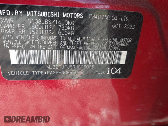 2024 Mitsubishi Mirage ES with VIN ML32FUFJ5RHF06006, listed as a IAAI auction lot 41998481 with 11,560 mi miles and . Bid and sale history available at DreamBid. Image 9.