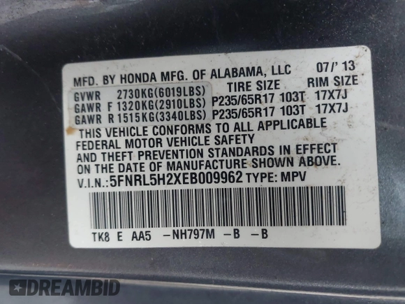 2014 Honda Odyssey LX z VIN 5FNRL5H2XEB009962, wystawiony jako IAAI lot #41902277 z przebiegiem 152 661 mil mil oraz . Historia ofert i sprzedaży dostępna na DreamBid. Obrazek 9.