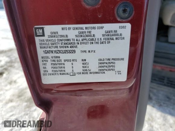 2002 GMC Yukon XL SLT z VIN 1GKFK16ZX2J253229, wystawiony jako Copart lot #88919435 z przebiegiem Nie podano mil oraz Tytuł czysty. Historia ofert i sprzedaży dostępna na DreamBid. Obrazek 13.