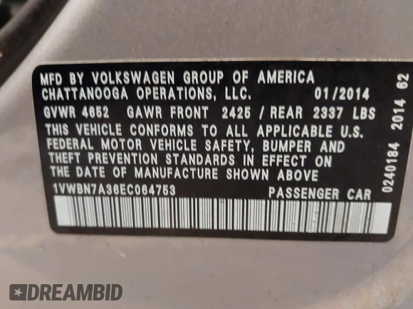 2014 Volkswagen Passat SE z VIN 1VWBN7A36EC064753, wystawiony jako IAAI lot #41221736 z przebiegiem 106 105 mil mil oraz . Historia ofert i sprzedaży dostępna na DreamBid. Obrazek 9.