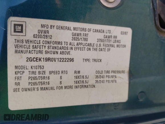 1997 Chevrolet Silverado 1500 with VIN 2GCEK19R0V1222296, listed as a IAAI auction lot 42195350 with 358,885 mi miles and . Bid and sale history available at DreamBid. Image 9.