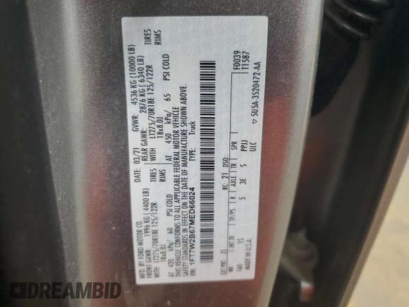 2021 Ford F-250 XL with VIN 1FT7W2B67MED66024, listed as a Copart auction lot 49988825 with Not provided miles and Salvage title. Bid and sale history available at DreamBid. Image 13.