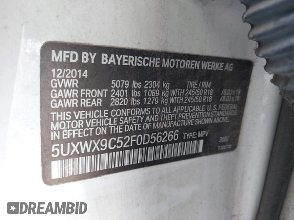 2015 BMW X3 xDrive28i with VIN 5UXWX9C52F0D56266, listed as a IAAI auction lot 42064154 with 52,233 mi miles. Bid and sale history available at carsss.com. Image 9.