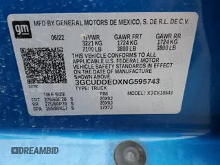 2022 Chevrolet Silverado 1500 LT with VIN 3GCUDDEDXNG595743, listed as a Copart auction lot 84348264 with Not Provided miles and Salvage Title. Bid and sale history available at DreamBid. Image 12.