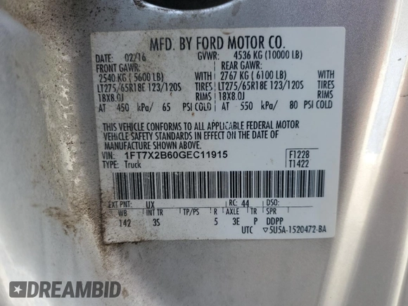2016 Ford F-250 XLT with VIN 1FT7X2B60GEC11915, listed as a Copart auction lot 52707915 with Not provided miles and Non repairable. Bid and sale history available at DreamBid. Image 15.