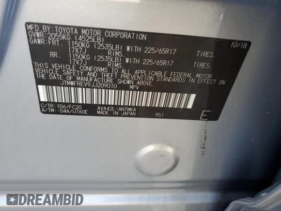 2018 Toyota RAV4 XLE with VIN JTMWFREV9JJ209010, listed as a Copart auction lot 46638075 with 50,553 mi miles and Salvage Title. Bid and sale history available at DreamBid. Image 15.