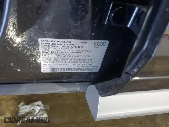 2019 Audi Q5 Premium with VIN WA1ANAFY3K2115878, listed as a Copart auction lot 46047055 with 58,089 mi miles and Salvage Title. Bid and sale history available at carsss.com. Image 13.