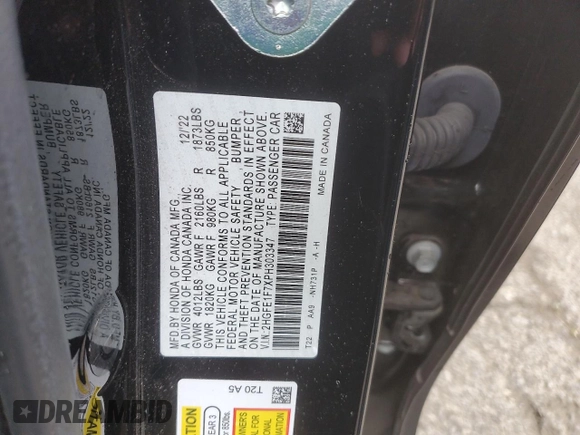 2023 Honda Civic EX с VIN 2HGFE1F7XPH303347, выставлен на аукционе Copart как лот 53894595 с пробегом 30 126 миль миль и Списание • Salvage title. История ставок и продаж доступна на DreamBid. Изображение 12.