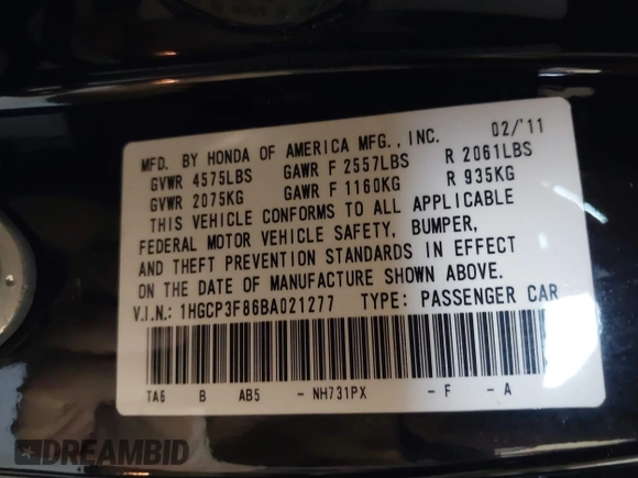 2011 Honda Accord EX-L with VIN 1HGCP3F86BA021277, listed as a IAAI auction lot 42473399 with 146,910 mi miles and . Bid and sale history available at DreamBid. Image 9.