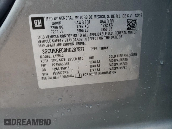 2017 Chevrolet Silverado 1500 LT with VIN 3GCUKREC0HG287527, listed as a Copart auction lot 84900274 with 121,617 mi miles and Salvage Title. Bid and sale history available at DreamBid. Image 12.