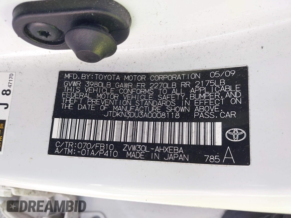2010 Toyota Prius II with VIN JTDKN3DU3A0008118, listed as a IAAI auction lot 42164958 with 192,188 mi miles and . Bid and sale history available at DreamBid. Image 9.