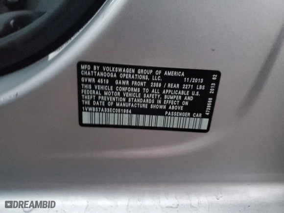 2014 Volkswagen Passat SE w/Sunroof with VIN 1VWBS7A33EC051984, listed as a Copart auction lot 85201944 with 89,312 mi miles and Salvage Title. Bid and sale history available at carsss.com. Image 14.