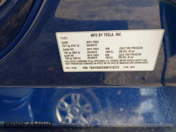 2022 Tesla Model Y Long Range with VIN 7SAYGDEE6NF318372, listed as a IAAI auction lot 41526857 with 26,083 mi miles and . Bid and sale history available at carsss.com. Image 9.