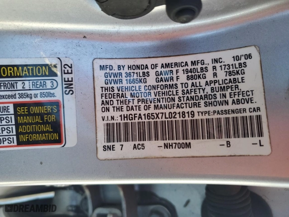 2007 Honda Civic Sdn LX with VIN 1HGFA165X7L021819, listed as a Copart auction lot 47193665 with 263,093 mi miles and Non Repairable. Bid and sale history available at carsss.com. Image 12.