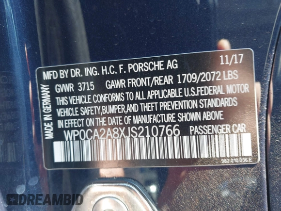 2018 Porsche 718 Boxster z VIN WP0CA2A8XJS210766, wystawiony jako IAAI lot #41617239 z przebiegiem 55 336 mil mil oraz . Historia ofert i sprzedaży dostępna na DreamBid. Obrazek 9.