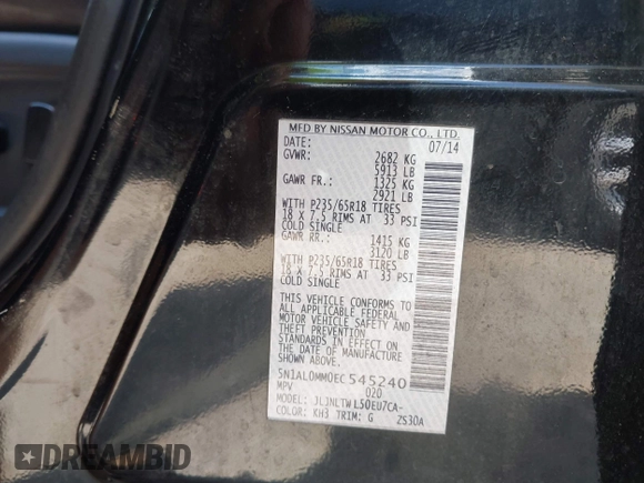 2014 Infiniti QX60 z VIN 5N1AL0MM0EC545240, wystawiony jako IAAI lot #42547919 z przebiegiem 190 790 mil mil oraz . Historia ofert i sprzedaży dostępna na DreamBid. Obrazek 9.