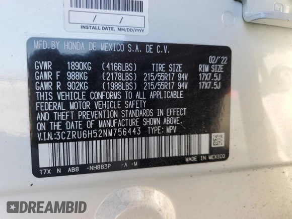 2022 Honda HR-V EX with VIN 3CZRU6H52NM756443, listed as a Copart auction lot 54507595 with 20,972 mi miles and Salvage Title. Bid and sale history available at carsss.com. Image 13.