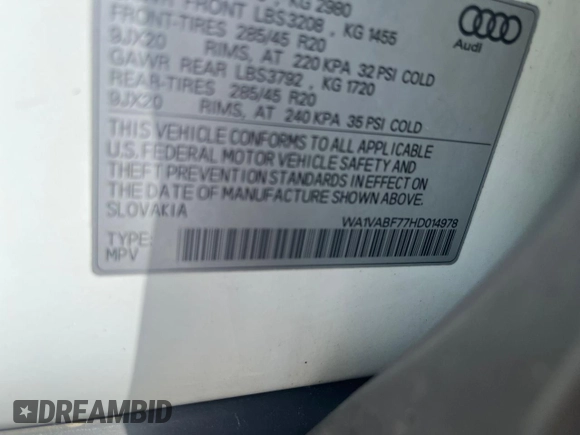 2017 Audi Q7 Prestige with VIN WA1VABF77HD014978, listed as a Copart auction lot 65847145 with 148,688 mi miles and Clean title. Bid and sale history available at DreamBid. Image 10.