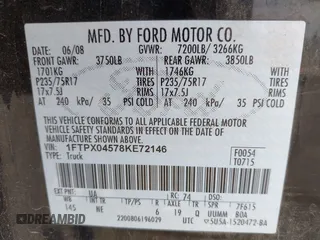 2008 Ford F-150 XLT with VIN 1FTPX04578KE72146, listed as a IAAI auction lot 42662856 with 205,813 mi miles and . Bid and sale history available at DreamBid. Image 9.